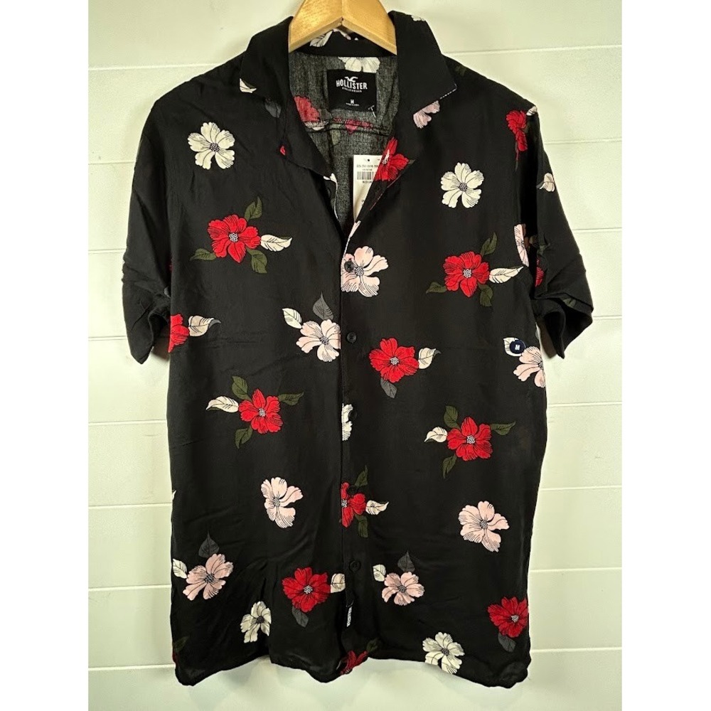 Hollister Mens Floral Button Down Shirt Black Red Hibiscus Short Sleeve Medium